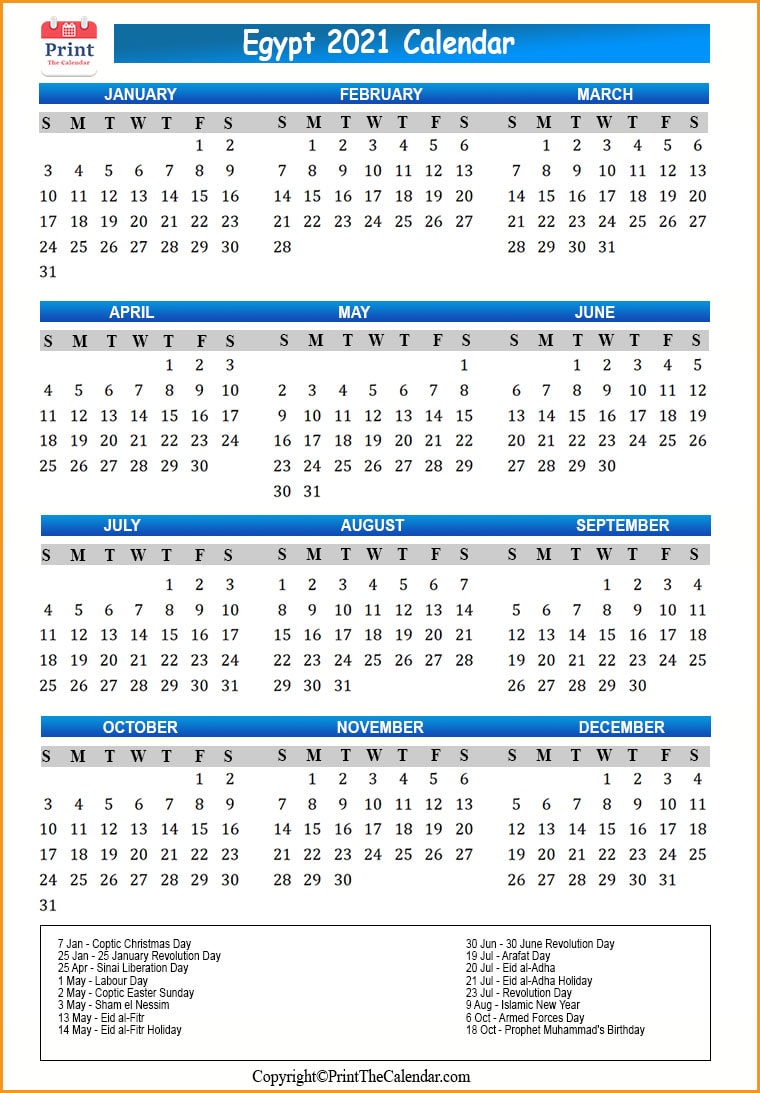 Egypt Calendar 2021